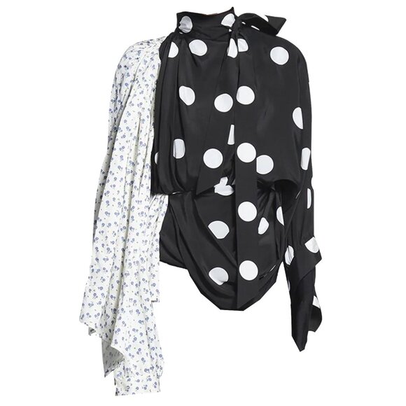 BALENCIAGA BLACK / WHITE MULTI FLORAL POLKA DOT PRINTED SILK BLOUSE - Picture 1 of 4